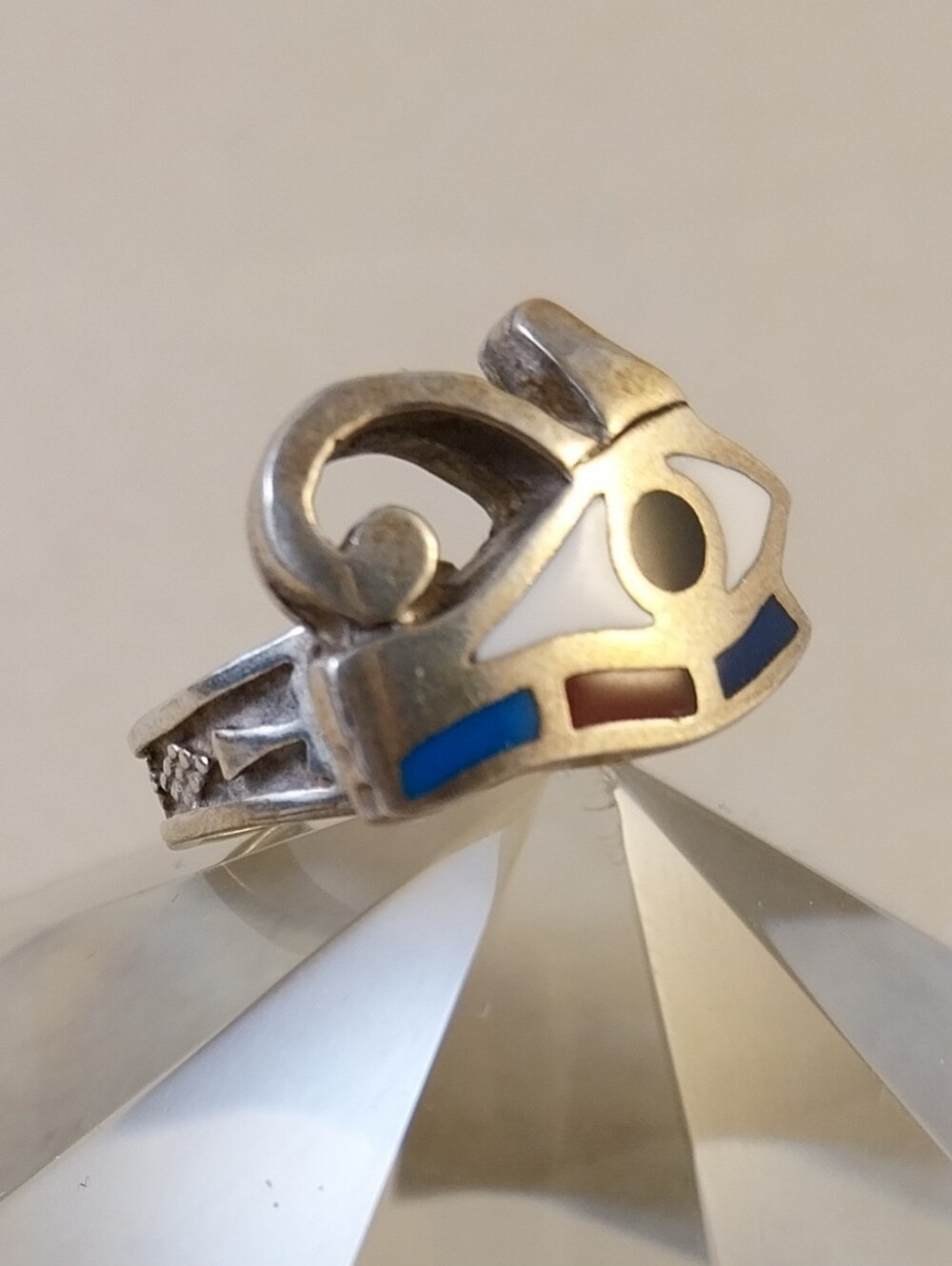 Vintage Sterling Silver Ring with Blue, White and Brown Inlay